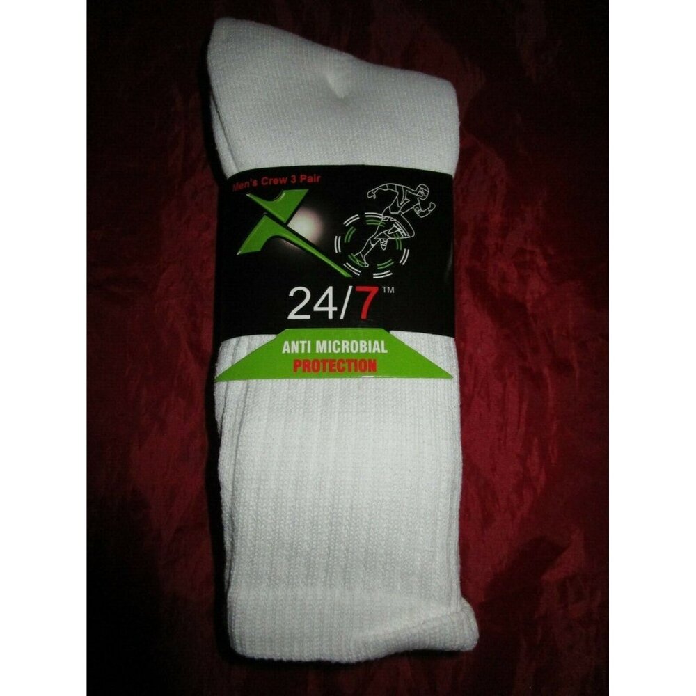 3 Pair 24/7 Microbial Crew Socks 65% Cotton Fits Shoe 6-11 White